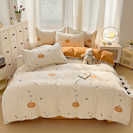 91家纺网 家纺一手货源 找家纺 暖芯优选 2025新款小清新印花全棉磨毛四件套 南瓜屋