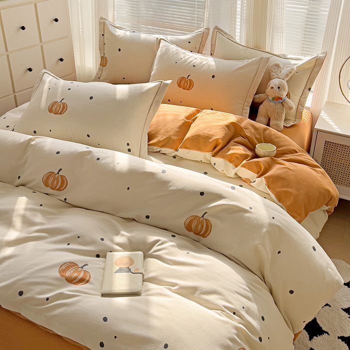 91家纺网 家纺一手货源 找家纺 暖芯优选 2025新款小清新印花全棉磨毛四件套 南瓜屋