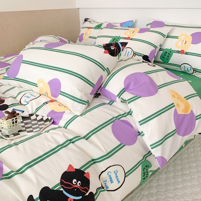 91家纺网 家纺一手货源 找家纺 澳萝拉 2024新款全棉印花亲肤舒适四件套 线条猫咪