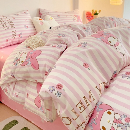 珺柔家纺 2024新款13070全棉三丽鸥系列四件套 条纹美乐蒂