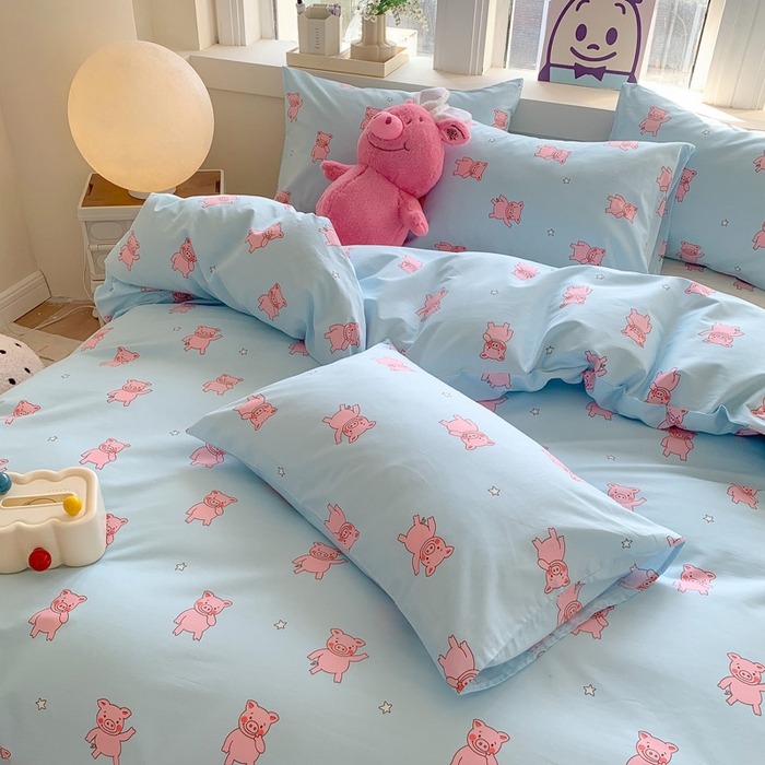 91家纺网 家纺一手货源 找家纺 澳萝拉 2024新款全棉印花亲肤舒适四件套 萌小猪