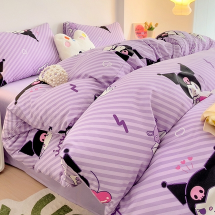 珺柔家纺 2024新款13070全棉三丽鸥系列四件套 条纹库洛米