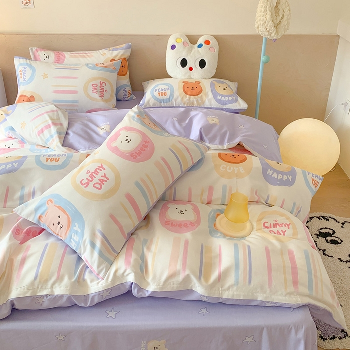 91家纺网 家纺一手货源 找家纺 澳萝拉 2024新款全棉印花亲肤舒适四件套 彩条熊