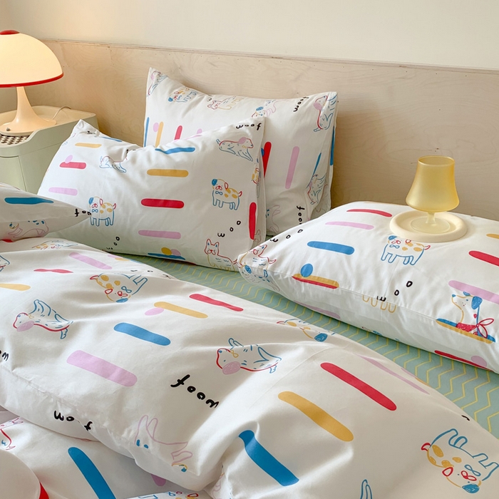 91家纺网 家纺一手货源 找家纺 澳萝拉 2024新款全棉印花亲肤舒适四件套 彩条狗狗