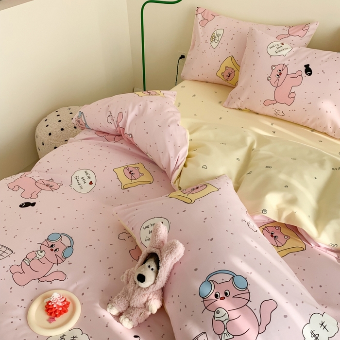 91家纺网 家纺一手货源 找家纺 澳萝拉 2024新款全棉印花亲肤舒适四件套 波点猫