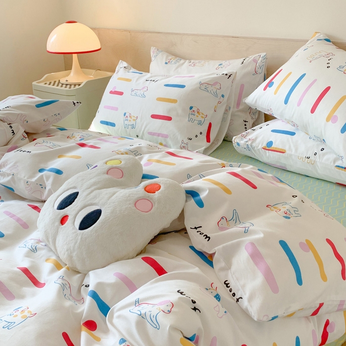 91家纺网 家纺一手货源 找家纺 澳萝拉 2024新款全棉印花亲肤舒适四件套 彩条狗狗