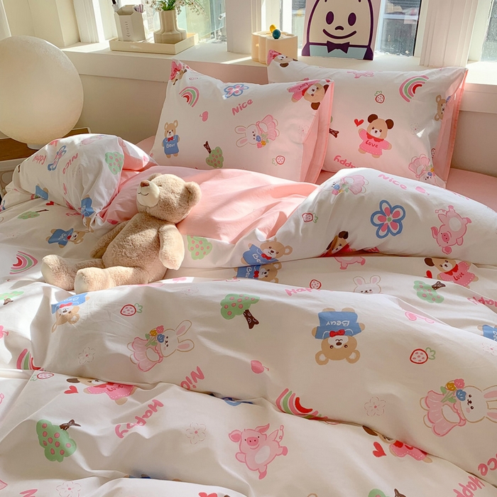 91家纺网 家纺一手货源 找家纺 澳萝拉 2024新款全棉印花亲肤舒适四件套 恋爱小熊