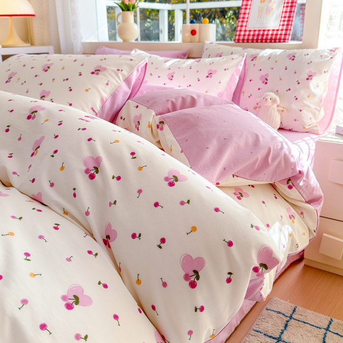 91家纺网 家纺一手货源 找家纺 清雅福 2024新款全棉13372小清新活性印花四件套 爱心樱桃