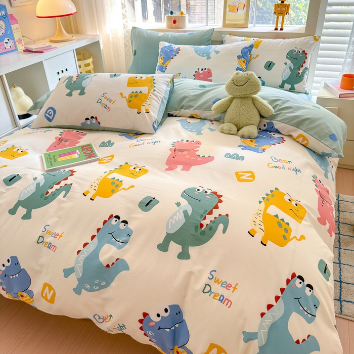 91家纺网 家纺一手货源 找家纺 清雅福 2024新款全棉13372小清新活性印花四件套 恐龙世界