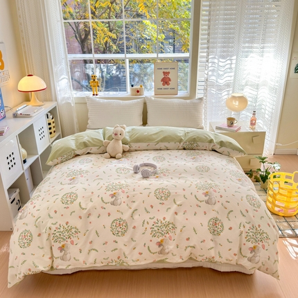 91家纺网 家纺一手货源 找家纺 清雅福 2024新款全棉13372小清新活性印花单被套 温婉小兔