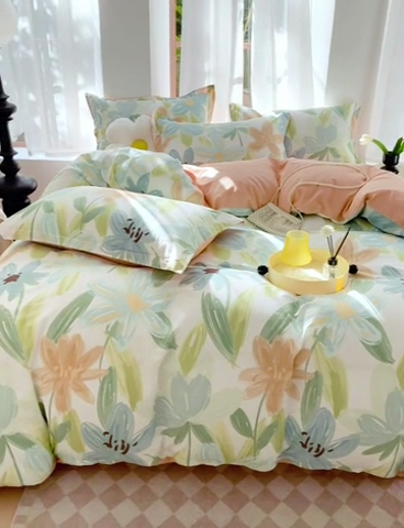 91家纺网 家纺一手货源 找家纺 拾物记 2024新款A类喷气全棉12868卡通印花四件套 雅蔓-绿