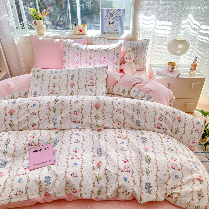 91家纺网 家纺一手货源 找家纺 清雅福 2024新款全棉13372小清新活性印花四件套 枝间梦