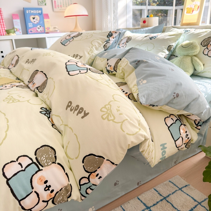 91家纺网 家纺一手货源 找家纺 清雅福 2024新款全棉13372小清新活性印花四件套 班尼狗