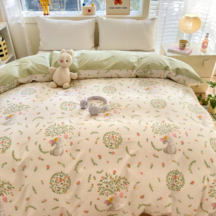 91家纺网 家纺一手货源 找家纺 清雅福 2024新款全棉13372小清新活性印花单被套 温婉小兔