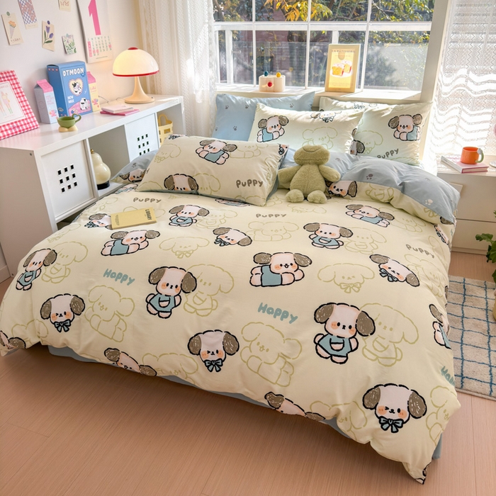 91家纺网 家纺一手货源 找家纺 清雅福 2024新款全棉13372小清新活性印花四件套 班尼狗