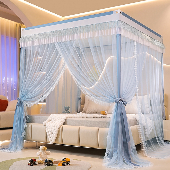 91家纺网 家纺一手货源 找家纺 迪凡保罗蚊帐 2025新款2409外穿杆落地宫廷蚊帐 浅蓝灰