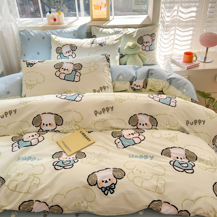 91家纺网 家纺一手货源 找家纺 清雅福 2024新款全棉13372小清新活性印花四件套 班尼狗