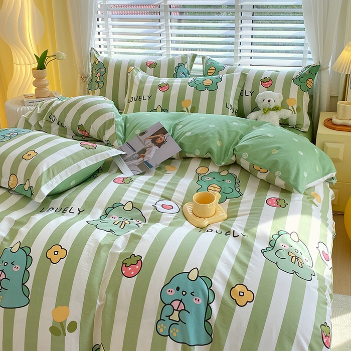 91家纺网 家纺一手货源 找家纺 拾物记 2024新款A类喷气全棉12868卡通印花四件套 绿条恐龙0