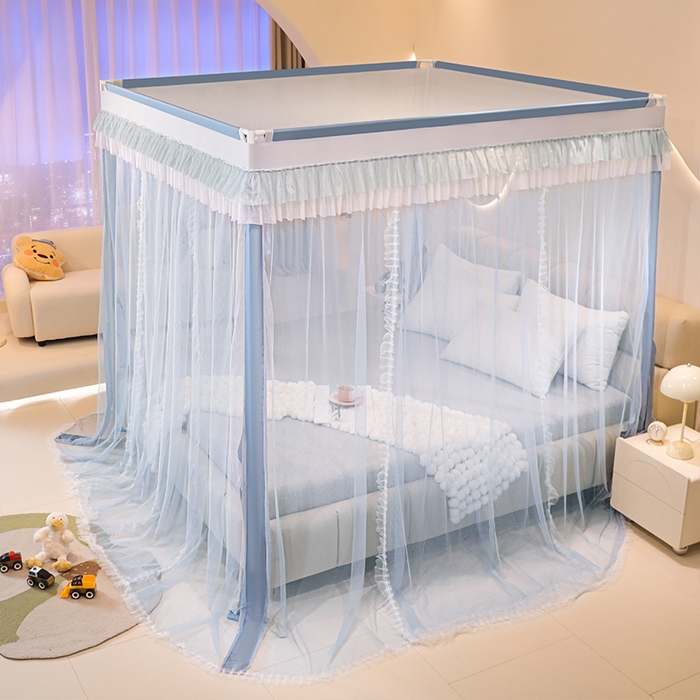 91家纺网 家纺一手货源 找家纺 迪凡保罗蚊帐 2025新款2409外穿杆落地宫廷蚊帐 浅蓝灰