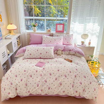 91家纺网 家纺一手货源 找家纺 清雅福 2024新款全棉13372小清新活性印花四件套 爱心樱桃