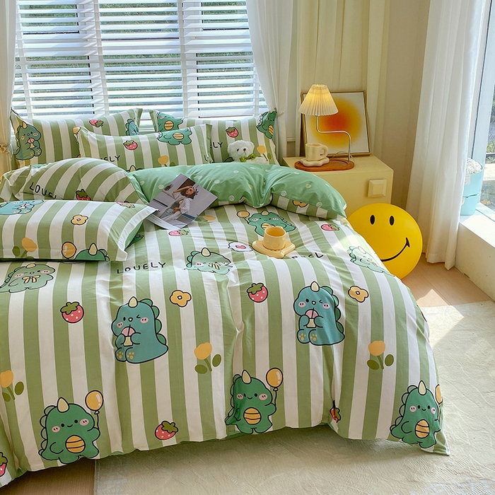 91家纺网 家纺一手货源 找家纺 拾物记 2024新款A类喷气全棉12868卡通印花四件套 绿条恐龙0