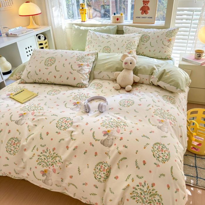 91家纺网 家纺一手货源 找家纺 清雅福 2024新款全棉13372小清新活性印花四件套 温婉小兔