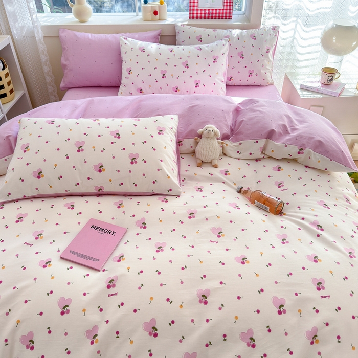 91家纺网 家纺一手货源 找家纺 清雅福 2024新款全棉13372小清新活性印花四件套 爱心樱桃