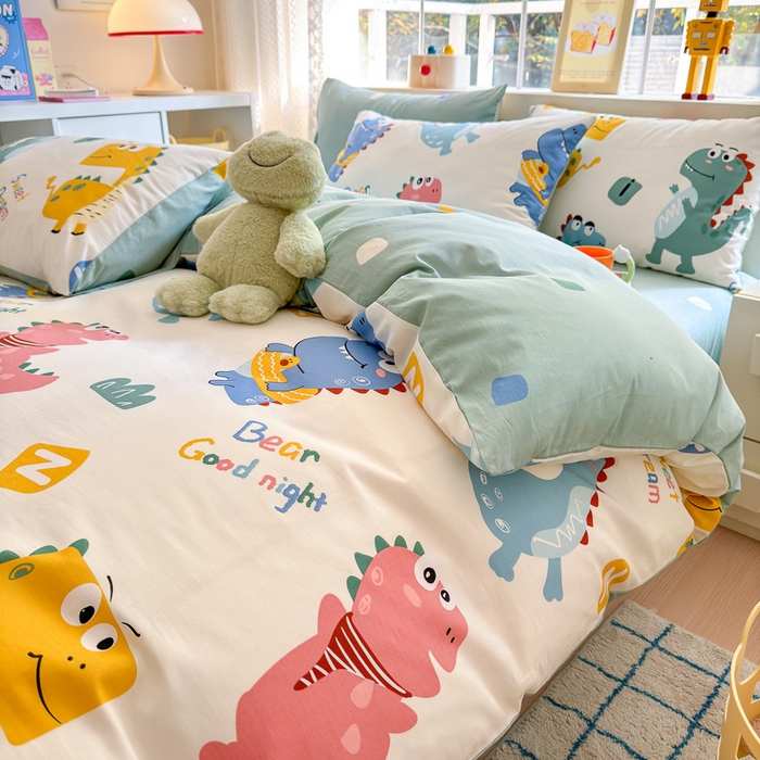 91家纺网 家纺一手货源 找家纺 清雅福 2024新款全棉13372小清新活性印花四件套 恐龙世界