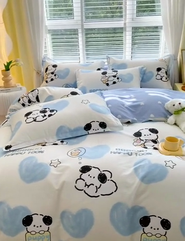 91家纺网 家纺一手货源 找家纺 拾物记 2024新款A类喷气全棉12868卡通印花四件套 班尼狗0