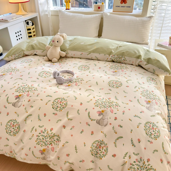 91家纺网 家纺一手货源 找家纺 清雅福 2024新款全棉13372小清新活性印花单被套 温婉小兔