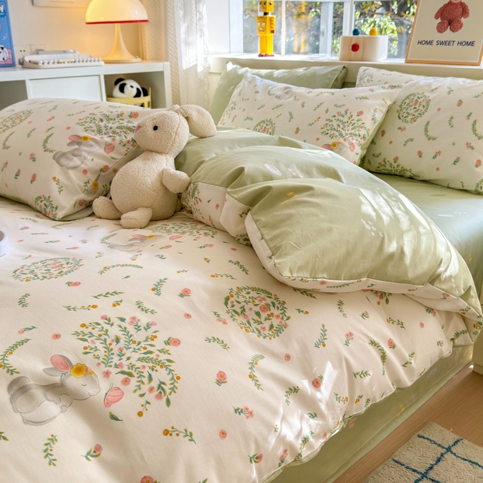 91家纺网 家纺一手货源 找家纺 清雅福 2024新款全棉13372小清新活性印花四件套 温婉小兔