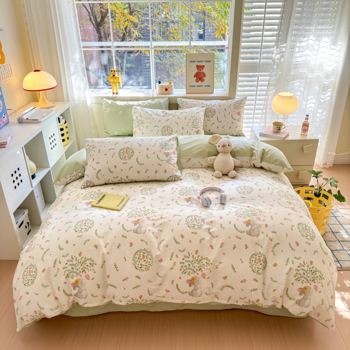 91家纺网 家纺一手货源 找家纺 清雅福 2024新款全棉13372小清新活性印花四件套 温婉小兔