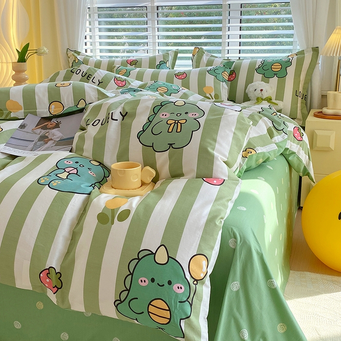 91家纺网 家纺一手货源 找家纺 拾物记 2024新款A类喷气全棉12868卡通印花四件套 绿条恐龙0