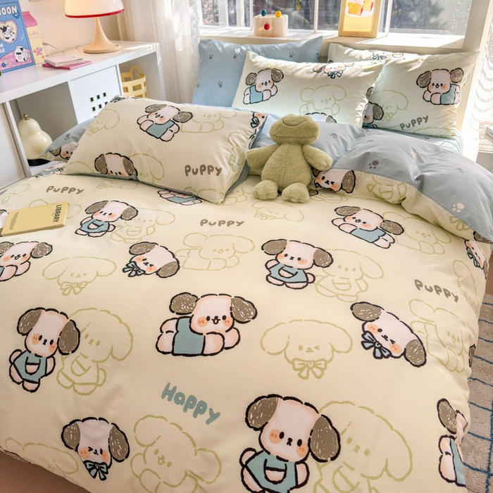 91家纺网 家纺一手货源 找家纺 清雅福 2024新款全棉13372小清新活性印花四件套 班尼狗