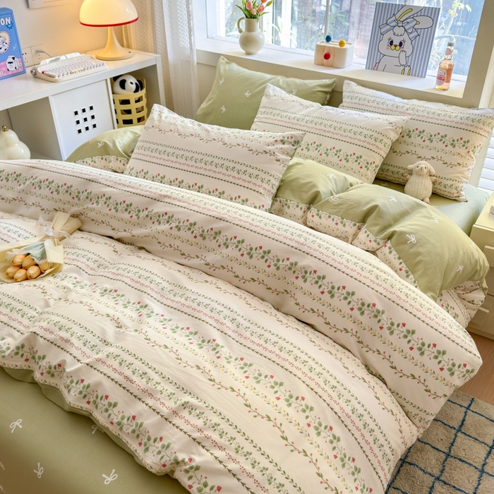 91家纺网 家纺一手货源 找家纺 清雅福 2024新款全棉13372小清新活性印花四件套 甜心藤