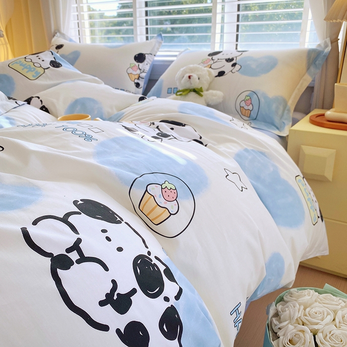 91家纺网 家纺一手货源 找家纺 拾物记 2024新款A类喷气全棉12868卡通印花四件套 班尼狗0