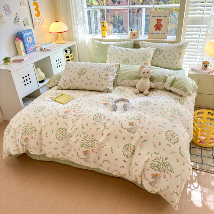 91家纺网 家纺一手货源 找家纺 清雅福 2024新款全棉13372小清新活性印花四件套 温婉小兔