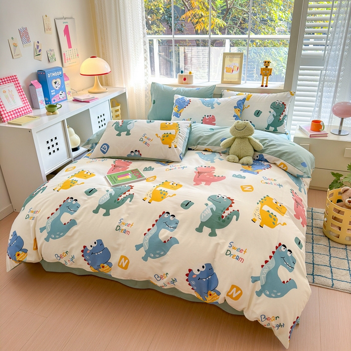 91家纺网 家纺一手货源 找家纺 清雅福 2024新款全棉13372小清新活性印花四件套 恐龙世界