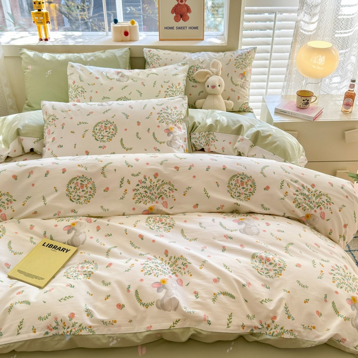 91家纺网 家纺一手货源 找家纺 清雅福 2024新款全棉13372小清新活性印花四件套 温婉小兔