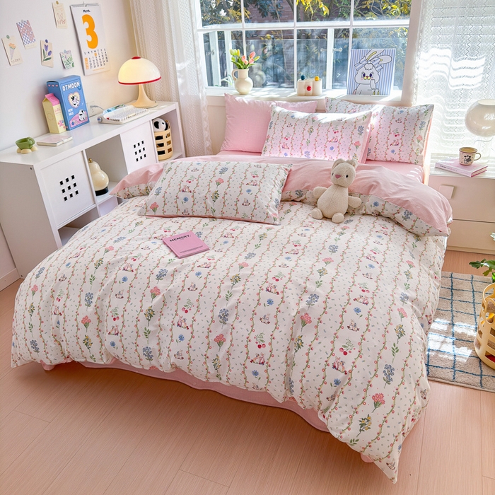 91家纺网 家纺一手货源 找家纺 清雅福 2024新款全棉13372小清新活性印花四件套 枝间梦