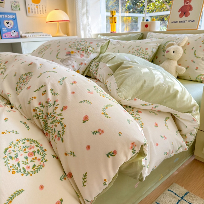 91家纺网 家纺一手货源 找家纺 清雅福 2024新款全棉13372小清新活性印花四件套 温婉小兔