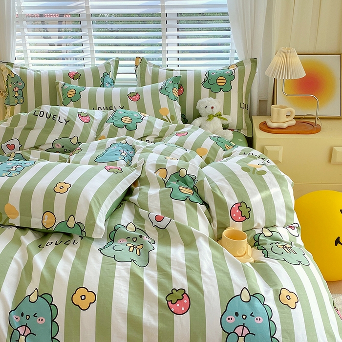 91家纺网 家纺一手货源 找家纺 拾物记 2024新款A类喷气全棉12868卡通印花四件套 绿条恐龙0