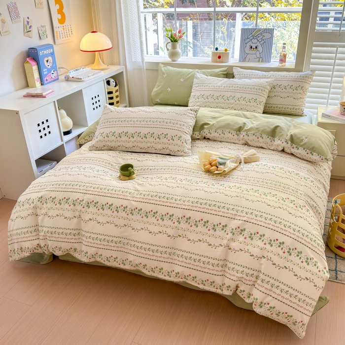 91家纺网 家纺一手货源 找家纺 清雅福 2024新款全棉13372小清新活性印花四件套 甜心藤