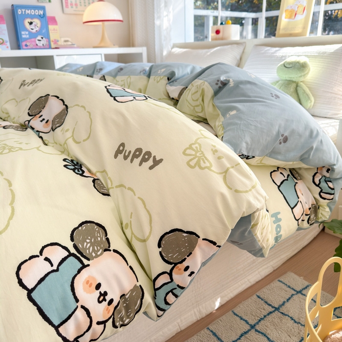 91家纺网 家纺一手货源 找家纺 清雅福 2024新款全棉13372小清新活性印花单被套 班尼狗