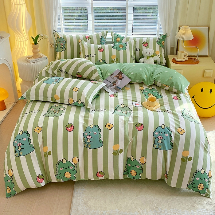 91家纺网 家纺一手货源 找家纺 拾物记 2024新款A类喷气全棉12868卡通印花四件套 绿条恐龙0