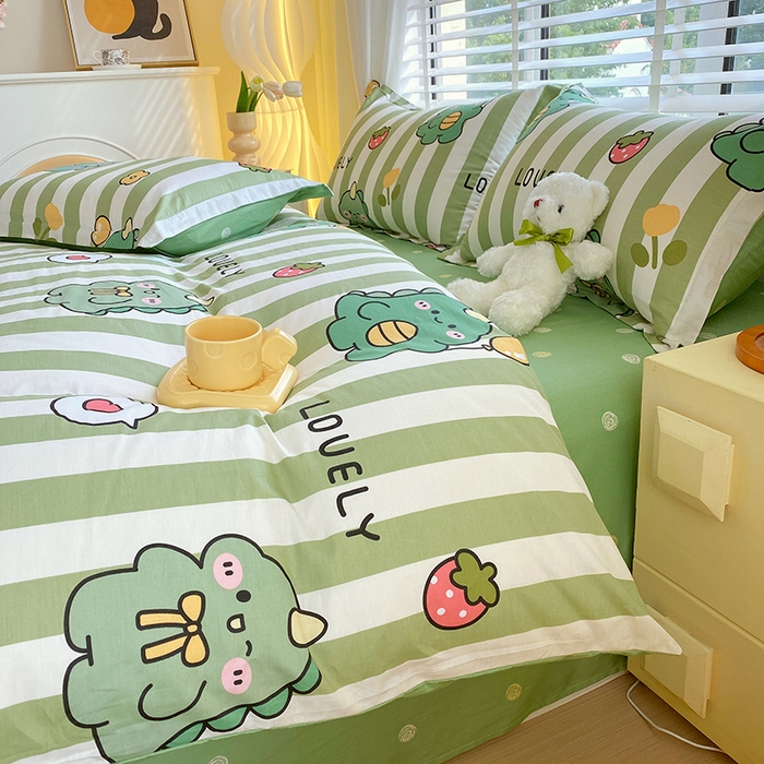 91家纺网 家纺一手货源 找家纺 拾物记 2024新款A类喷气全棉12868卡通印花四件套 绿条恐龙0