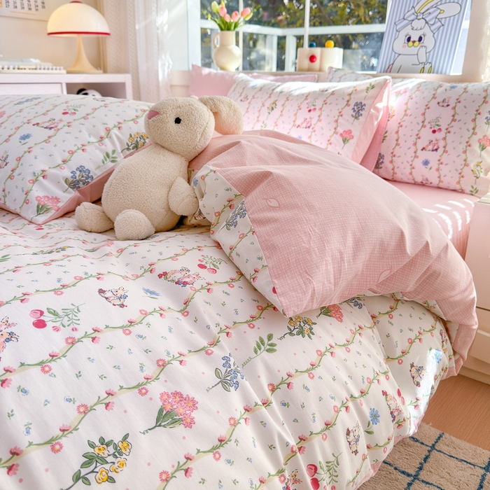 91家纺网 家纺一手货源 找家纺 清雅福 2024新款全棉13372小清新活性印花四件套 枝间梦