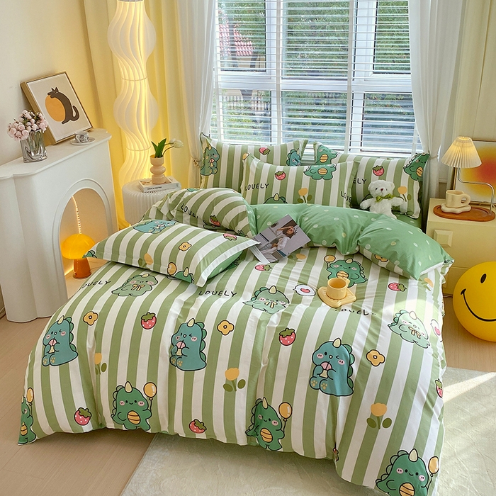 91家纺网 家纺一手货源 找家纺 拾物记 2024新款A类喷气全棉12868卡通印花四件套 绿条恐龙0