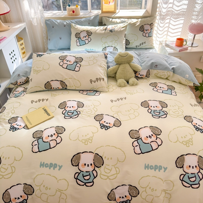 91家纺网 家纺一手货源 找家纺 清雅福 2024新款全棉13372小清新活性印花四件套 班尼狗