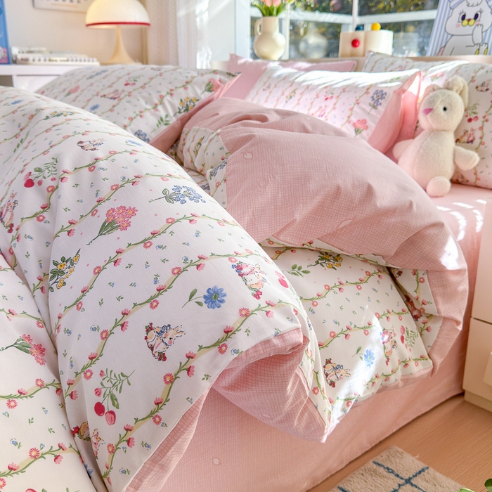 91家纺网 家纺一手货源 找家纺 清雅福 2024新款全棉13372小清新活性印花四件套 枝间梦